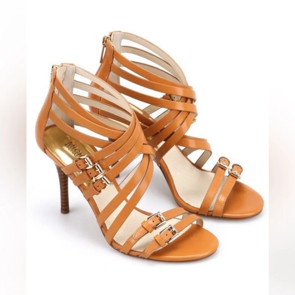 Michael Kors Brown Leather Strappy Stiletto Heels Sandals Size 10 Buckle Zip
